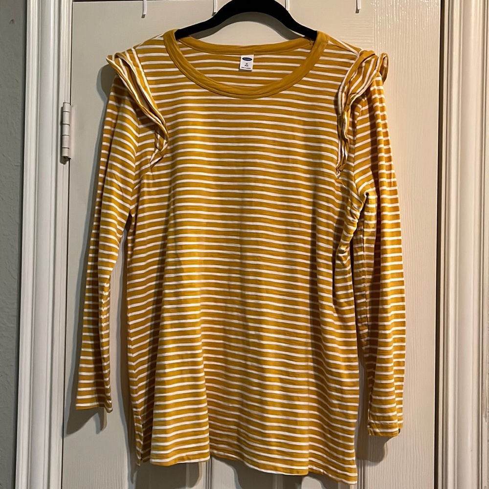 💛Old Navy Striped Shirt, Ruffled Shoulder | Sunflower Gold & White | 1X Plus 💛